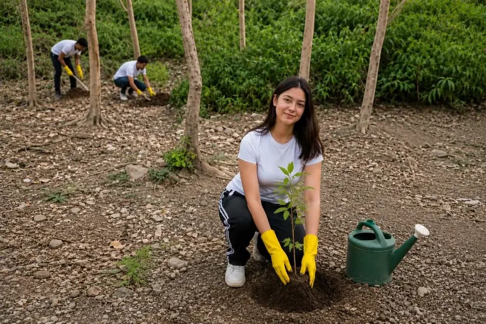 Planting native saplings along the riverbank