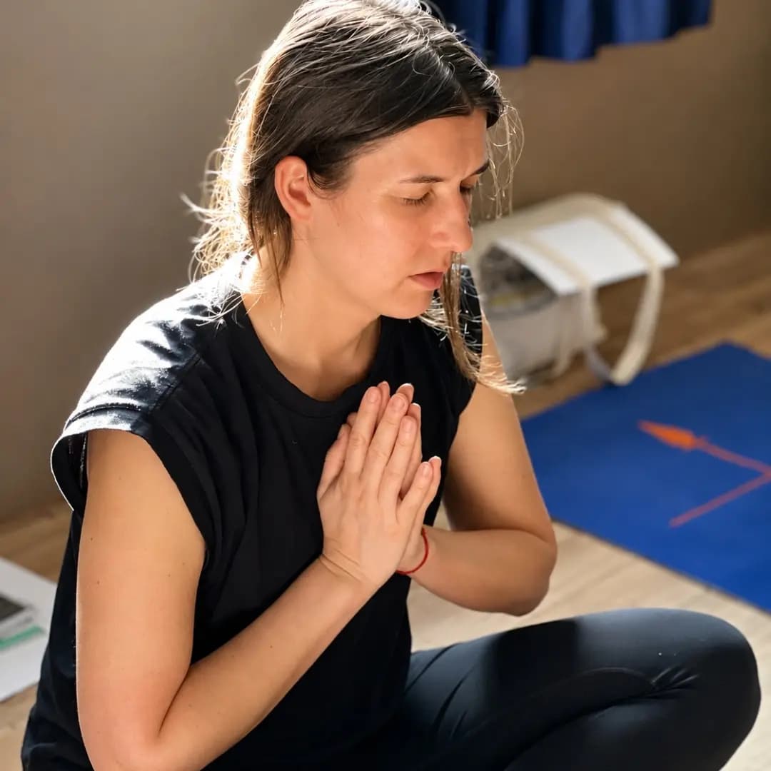 Student seated in meditation with hands in anjali mudra