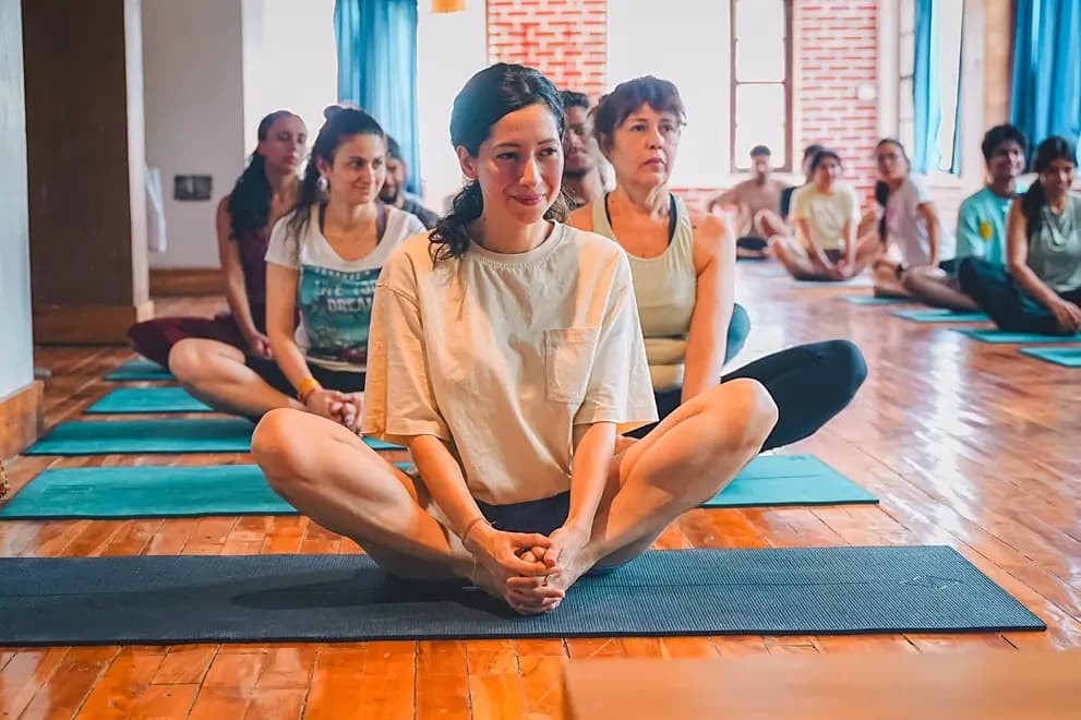 Trainees learning prenatal yoga teaching methods in Rishikesh